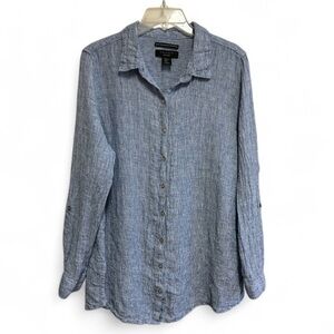 TAHARI Blouse Tunic Size XL Blue 100% Linen Roll Tab Sleeves Coastal Lagenlook